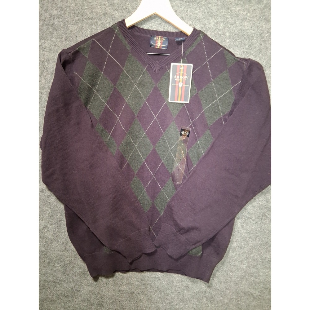 Arrow USA 1951 Argyle Sweater Mens Large L Purple Gray Cotton Blend Knit